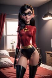 1girls ai_generated artist_name ass_visible_through_thighs bed bedroom black_gloves black_hair black_thighhighs breasts cameltoe choker contrapposto covered_nipples curtains disney domino_mask earrings elbow_gloves gloves hairband hi_res indoors jewelry lamp latex latex_gloves leotard lips long_hair looking_at_viewer mask medium_breasts pixar progenarts purple_eyes skin_tight small_breasts solo standing superhero superheroine the_incredibles the_incredibles_2 thighhighs violet_parr web_address window younger_female