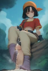 ai_generated bandana black_eyes black_hair blush clothed crop_top dragon_ball dragon_ball_gt feet flat_chest flat_chested foot_fetish foot_focus footjob footwear looking_at_viewer medium_hair navel pan_(dragon_ball) pants smirk sockjob socks steam steamy sweaty_feet viewed_from_below