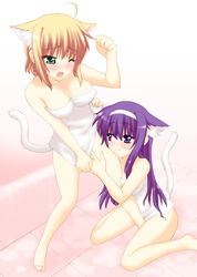 animal_ears arisa_bannings barefoot cat_ears feet female impossible_towel lyrical_nanoha mahou_shoujo_lyrical_nanoha multiple_girls naked_towel saki_chisuzu sakichi_suzu tail towel tsukimura_suzuka yuri