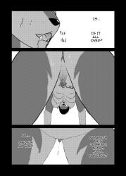 2018 8_breasts absurd_res all_fours anthro biped black_border bodily_fluids border breasts breath canid canine canis comic countershade_face countershade_torso countershading english_text gender_transformation genital_fluids gloves_(marking) gtf_transformation halftone hi_res itf_transformation looking_down_at_self mammal markings monochrome motion_lines mtf_transformation multi_breast nude onomatopoeia panting pesimist rear_view saliva simple_background solo sound_effects sweat text transformation white_background white_body white_countershading wolf