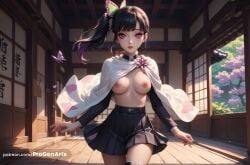 1girls ai_generated artist_name belt black_hair black_jacket black_skirt blunt_bangs blush breasts bug butterfly butterfly_hair_ornament cape closed_mouth cowboy_shot demon_slayer demon_slayer_uniform east_asian_architecture female gradient_hair hair_ornament hi_res indoors jacket kimetsu_no_yaiba lips long_hair long_sleeves looking_at_viewer medium_breasts miniskirt multicolored_hair nipples patreon_username pleated_skirt progenarts purple_eyes purple_hair side_ponytail skirt solo standing tsuyuri_kanao white_cape