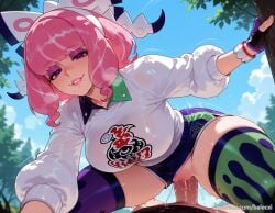 1boy ai_generated balecxi clothed_sex clothing_aside collared_shirt cowgirl_position cowgirl_position female gloves hairbow klara_(pokemon) large_breasts makeup mole mole_under_mouth outdoors panties_aside patreon_username penis pink_eyeshadow pink_hair pink_lips pokemon pokemon_ss purple_eyes pussy shorts solo_focus straddling straight thighhighs thighs uncensored underwear vaginal_penetration