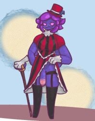 arachnid arthropod clothed clothing clothing_lift faux_lewds genitals gloves glowing glowing_eyes gynomorph hair handwear hat headgear headwear humanoid humanoid_genitalia intersex mesmeralda multi_arm multi_limb penis purple_body solo spider