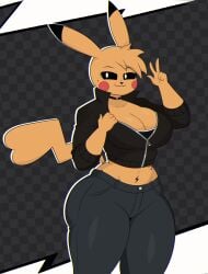 1girls bage21 big_breasts blush breasts cleavage clothed clothing creatures_(company) female game_freak generation_1_pokemon hair hips nintendo pikachu pokémon_(species) pokemon pokemon_(species) pokemon_rgby tail wide_hips