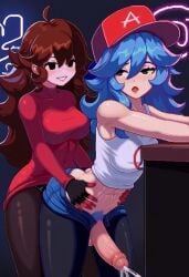 2futas ai_generated anal anal_sex anarchy_symbol black_eyes black_pantyhose blue_hair blue_pubic_hair boyfriend_(friday_night_funkin) breasts brown_hair ejaculation female_boyfriend_(friday_night_funkin) friday_night_funkin futanari genderswap_(mtf) girlfriend_(friday_night_funkin) hands_on_waist leaning long_hair medium_breasts open_mouth pantyhose pegging red_hat rule_63 sex_from_behind white_tank_top