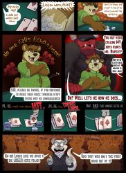 anthro bear betting blush bottlebear brown_body brown_fur casino claws demon front_view fur green_eyes group hi_res magic male male_only mammal paws standing teeth temper weight_gain