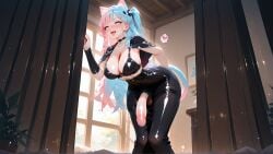 aheagao ai_art ai_generated animal_ears blue_hair cat_ears cat_girl cat_tail catgirl dickgirl futanari futanari koneko konekofuta large_breasts large_penis leaning_forward pink_hair two_tone_hair two_tone_hair_(blueandpink)