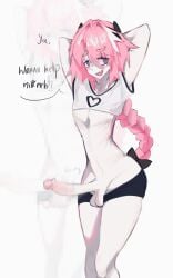 1boy 1femboy arm_up artist_name astolfo_(fate) background big_penis black_ribbon bottomless bouncing_penis braided_ponytail desire fate/apocrypha fate_(series) femboy flirting_with_viewer gym_clothing high_resolution highres light-skinned_male light_skin lust lustful_gaze male male_only mouth_open penis pink_hair purple_eyes shorts skin_fang small_waist solo solo_focus solo_male spiky_hair streaked_hair swaying tagme thick_eyebrows thick_thighs white_highlights