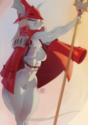 absurd_res ansart anthro blonde_hair blue_eyes breasts burmecian female final_fantasy final_fantasy_ix freya_crescent genitals grey_body hair hi_res mammal melee_weapon mouse murid murine nude polearm pubes pussy rodent slim_female slimebody solo spear square_enix weapon wide_hips