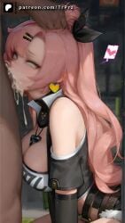 ai_generated breasts cleavage clothed clothed_female_nude_male cum cum_in_mouth cumdrip female female_focus from_side hair_grab hand_on_head heart kneeling nicole_demara penis pink_hair rolling_eyes spoken_heart tears trugprz zenless_zone_zero