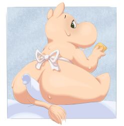 absurd_res anthro apron apron_only ass big_butt blue_body blue_fur blush bodily_fluids clothing condom digital_media_(artwork) duo erection female four-pundo fur genitals green_eyes hi_res hippopotamid imminent_sex looking_back male male/female mammal mature_female moomin moominmamma mostly_nude overweight overweight_anthro overweight_female penile penis sexual_barrier_device simple_background sweat sweatdrop tail tail_wrapped_around_penis tan_body tan_fur the_moomins