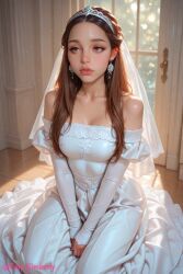 1girls ai_generated bridal_gauntlets bridal_tiara bridal_veil bride clothed emp_kimberly female kneeling padme_amidala star_wars wedding_dress wedding_tiara wedding_veil