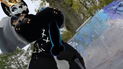 1futa 3d anthro big_breasts black_body blue_eyes breasts canid cum diphallia diphallism fangs futanari intersex multi_genitalia multi_penis penis sloppydragons solo tagme vrchat