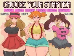 2d 3girls big_breasts breasts brunette drevod english english_text female heart_eyes misty_(pokemon) orange_hair pokemon pokemon_xy serena_(pokemon) shauna_(pokemon) skirt smiling tagme text thick_thighs