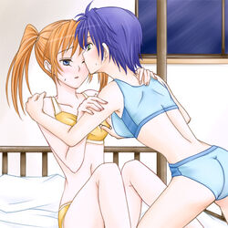 bed blue_eyes blue_hair blush female green_eyes kissing lingerie lowres lyrical_nanoha mahou_shoujo_lyrical_nanoha mahou_shoujo_lyrical_nanoha_strikers multiple_girls red_hair subaru_nakajima teana_lanster tied_hair twintails underwear wink yuri