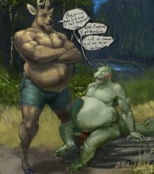 2024 2boys 2d ambiguous_prey belly_hair body_hair chris_(eyeseedee) deer english_text kent_(pacific_coyote) lizard male_pred musclegut nature pacific_coyote signature stomach_bulge tree tribal tribal_clothing vore vore_belly wide_hips wood