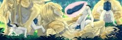 absurd_res anal anal_sex anthro balls black_claws black_horn blue_knot blue_penis claws dragon erection feral fur furred_dragon furred_scalie genitals grass hi_res horn internal internal_anal knot male male/male mythological_creature mythological_scalie mythology penetration penis pink_penis plant scales scalie size_difference smaller_penetrated solo stomach_bulge sunhawk12 white_body white_scales yellow_body yellow_fur