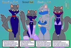animal_genitalia anthro areola armwear balls blue_areola blue_body blue_eyes blue_fur blush blushing_profusely bodily_fluids bra breasts broken_key brown_eyes chastity_device chest_tuft closed_eyes clothing collar domestic_cat dual_persona english_text felid feline felis female femboy fur genital_fluids genitals grey_body grey_fur group hair hi_res jewelry leaking_precum legwear male mammal navel necklace nipples penis penis_tip permanent_chastity_device ponytail precum purple_clothing pussy scout_the_cat_(character) scoutthecat02 scrunchie sheath smile smiling_at_viewer square_crossover tail text text_box thick_thighs thigh_highs tongue tongue_out tuft underwear yellow_body yellow_fur
