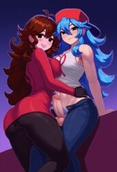 2girls ai_generated ass aysemmetrircal_docking blue_hair boyfriend_(friday_night_funkin) breasts brown_eyes denim_shorts female_boyfriend_(friday_night_funkin) friday_night_funkin futanari genderswap_(mtf) girlfriend_(friday_night_funkin) hands_on_waist jeans long long_hair long_sleeves medium_breasts pantyhose red_dress rule_63 standing_sex white_shirt white_tank_top yuri