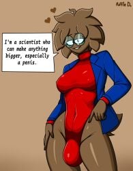 1futa big_bulge brown_fur bulge bulge_through_clothing dialogue dialogue_box futa_only futanari glasses leotard puffle puffledreemurr scientist suit_jacket turtleneck_leotard