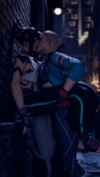alley black_hair blonde_hair blue_eyes cammy_white erotic hand_on_head hand_on_leg heterochromia holding_leg juri_han kissing night pinned_to_wall romantic street_fighter yuri