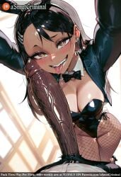 :d ai_generated animal_ears asmutcriminal bangs bare_shoulders black_bow black_bowtie black_footwear black_hair black_leotard blurry blurry_background blurry_foreground blush bow bowtie breasts brown_eyes brown_legwear cleavage depth_of_field detached_collar ear_piercing earrings erection eyebrows_visible_through_hair fake_animal_ears fake_tail female fishnet_legwear fishnets groin hair_ornament hairband hairclip heart-shaped_pupils high_heels indoors jewelry large_penis leotard long_hair looking_at_viewer medium_breasts multiple_earrings open_mouth pantyhose penis piercing playboy_bunny pov rabbit_ears rabbit_tail saliva sharp_teeth smile solo_focus standing straight strapless strapless_leotard sweat symbol-shaped_pupils tagme tail teeth tongue tongue_out veins veiny_penis window wing_collar wrist_cuffs