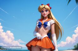 1girls ai_generated aino_minako artist_name beach bishoujo_senshi_sailor_moon blonde_hair blue_bow blue_eyes blue_sky bow breasts choker circlet clothes_lift cloud cowboy_shot crop_top day elbow_gloves gloves hairbow hi_res jewelry lifted_by_self lips long_hair looking_at_viewer magical_girl medium_breasts midriff minako_aino miniskirt navel no_panties orange_choker orange_sailor_collar orange_skirt outdoors palm_tree patreon_username pleated_skirt progenarts pussy red_bow sailor_collar sailor_jupiter sailor_senshi_uniform sailor_venus skirt skirt_lift sky smile solo standing stomach tree uncensored watermark web_address white_gloves