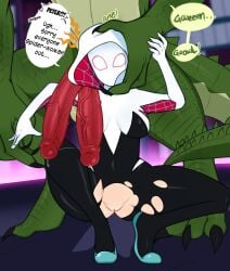 1boy 1girls 2020 3_toes bodysuit dialogue diphallia diphallism english_text female female_focus green_scales gwen_stacy head_grab long_penis male marvel marvel_comics multi_genitalia multi_penis penis penis_on_shoulder peter_parker precum pussy scales scalie scocks4you sharp_fingernails sharp_toenails speech_bubble spider-gwen spider-man_(series) squatting the_lizard_(marvel) tiptoes torn_bodysuit veiny_penis