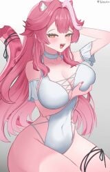 absurdres animal_ears arm_up blush breasts cat_ears cat_girl cat_tail choker cleavage female grabbing_own_breast highres hololive hololive_english large_breasts long_hair multicolored_hair one-piece_swimsuit open_mouth pink_hair raora_panthera smile solo streaked_hair swimsuit tail very_long_hair virtual_youtuber white_choker white_one-piece_swimsuit yahnuko yellow_eyes