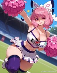 ai_generated arm_up armpits balecxi blurry blurry_background cheerleader cleavage female holding_pom_poms klara_(pokemon) large_breasts looking_at_viewer makeup midriff mole mole_under_mouth navel one_eye_closed patreon_username pink_eyeshadow pink_hair pink_lips pokemon pokemon_ss pom_pom_(cheerleading) purple_eyes short_hair smile solo thighhighs thighs web_address white_skirt