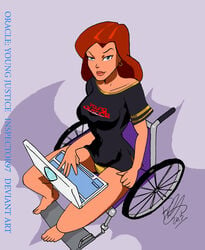 1girls 2013 barbara_gordon batman_(series) computer dc dc_comics female female_only ginger hoop_earrings human inspector97 jersey lipstick looking_at_viewer makeup oracle panties red_hair solo t-shirt wheelchair yellow_panties young_justice