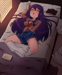doki_doki_literature_club duplicate low_quality_duplicate masturbation purple_hair repost socks yuri_(doki_doki_literature_club)