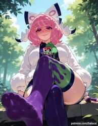ai_generated asymmetrical_legwear balecxi breasts crossed_legs drill_hair feet female flipped_hair foot_focus gloves klara_(pokemon) looking_at_viewer makeup mismatched_legwear mole mole_under_mouth no_shoes outdoors patreon_username pink_eyeshadow pink_hair pokemon pokemon_ss purple_eyes shaded_face short_hair shorts sitting smile soles solo thighhighs toes twin_drills white_jacket