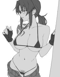 1girls belly_button big_breasts black_lagoon blush booty_shorts bra breasts eightgin female gloves inviting long_hair offering offering_to_viewer panties ponytail pubic_hair revy shorts tattoo tattoo_on_arm tomboy