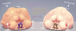 2girls baby_bump breasts commission commissioner_upload demidegen dialogue female heart hotaru_kokonohi hyper hyper_breasts hyper_pregnancy jack-o_pose lactation lewd moe_ninja_girls narrowed_eyes nude one_eye_closed overdue stretch_marks tengge_yomoda thicc_ass thicc_thighs