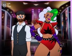 2025 2d 2d_(artwork) 2d_artwork anthro artist_logo artist_name beanontoast big_breasts brown-skinned_female brown_hair duo five_nights_at_freddy's five_nights_at_freddy's:_security_breach glasses green_hair grey_hair humanized humanized_animatronic light-skinned_male red_shoulder_pads roxanne_wolf_(fnaf) shirt thick_thighs
