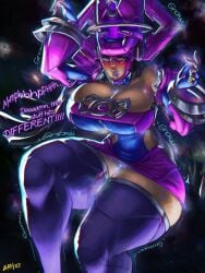 big_ass big_breasts black_hair blush cleavage floating galacta galacta_(marvel_rivals) galaxy giantess growing growth lapotato8 long_hair macro marvel marvel_rivals text thick_thighs
