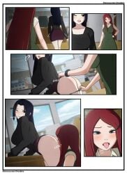 2girls 3d arm_support bare_ass big_ass big_breasts black_eyes black_hair blue_eyes blush boruto:_naruto_next_generations breast_size_difference breasts commentary cunnilingus desk dress embarrassed female female/female female_only g-string high_resolution hokage_office koikatsu lifted_by_another looking_at_viewer looking_back looking_back_at_viewer mature mature_female milf multiple_girls naruto naruto_(series) naruto_shippuden office one_eye_closed oral otsukira panties pants petite presenting presenting_ass raised_leg red_hair shirt skirt skirt_lift smile text uchiha_mikoto uzumaki_kushina watermark wink yuri
