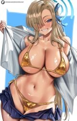 1girls aqua_halo asuna_(blue_archive) bikini blonde_hair blue_archive blue_eyes blue_ribbon blue_skirt blush breasts cameltoe cleavage collarbone enma_(enmanuelart) enmanuelart20 eyes_visible_through_hair female gold_bikini grin hair_over_one_eye hair_ribbon halo highres huge_breasts long_hair looking_at_viewer miniskirt navel open_clothes open_shirt patreon_username ribbon shirt sideboob skirt smile solo stomach swimsuit underboob white_shirt