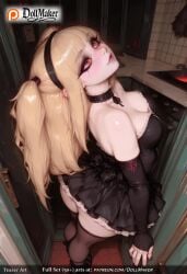 ai_generated ass bangs bare_shoulders black_choker black_dress black_footwear black_legwear blonde_hair blunt_bangs blush bow breasts brick_wall bridal_gauntlets choker cleavage collarbone detached_sleeves dollmaker dress female frills from_above hairband indoors lips lipstick lolita_fashion long_hair medium_breasts nail_polish parted_lips red_eyes solo standing tagme thighhighs twintails two_side_up underwear very_long_hair