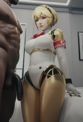 1boy 1girls 3d aegis_(persona) ai_generated aigis_(persona) android armband bed big_breasts big_penis blonde_female blue_eyes dark-skinned_male female generalbutch_(style) huge_breasts huge_cock interracial interspecies light-skinned_female male maledom muscular_male persona persona_3 persona_3_reload ribbon robot_girl robot_joints short_hair shy sodaglow_artist standing submissive_female tagme teasing thick_thighs