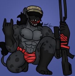 abs anthro black_hair bow_ribbon bulge camo camo_clothing camo_hat camo_headgear camo_headwear camo_print clothing digital_media_(artwork) fur gun hair hair_over_eye hat headgear headwear hi_res holding_object holding_weapon hyena isaiahtse male mammal muscular muscular_anthro muscular_male open_mouth pattern_clothing pattern_hat pattern_headgear pattern_headwear pecs ranged_weapon renegade_(frenzythebat) rifle sharp_teeth smile sniper_rifle solo tail teeth tongue tongue_out weapon wrapped_penis wrappings wraps