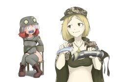 2girls arms_behind_back artist_request bags_under_eyes blonde_hair blue_eyes bondage bondage boots bound bra brown_eyes buhanka-chan camouflage camouflage_jacket chair combat_helmet constricted_pupils copium_(meme) cross cross_necklace dildo drawfag femdom gag gagged hat helmet imminent_pegging imminent_rape implied_yuri improvised_gag jacket jacket_on_shoulders jewelry lace-up_boots lube marichka meme military military_hat military_uniform multiple_girls necklace original pale_skin red_cross red_hair russo-ukrainian_war scared sex_toy simple_background sitting strap-on tape tape_gag thighhighs underwear white_background yuri