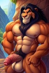 ai_generated balls ballsack black_chest_hair black_mane black_pubes chest_hair erect_penis erection foreskin grin hairy_balls leaning leaning_back leaning_on_rock male_only mane muscles muscular_male nipples penis posing pubes scar_(the_lion_king) the_lion_king thick_pubes yellow_eyes