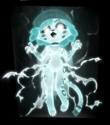 anthro barika_(willwri) beanie biped black_sclera cheek_tuft cheetah choker claws clothing collar crotch_tuft curly_hair dress facial_tuft felid feline female front_view fur genitals ghost glowing glowing_eyes hair hat headgear headwear hi_res jewelry levitating looking_at_viewer looking_down looking_down_at_viewer mammal markings navel necklace nipples open_mouth paws plump_labia pussy pusszone short_hair simple_background small_waist solo spirit spots spotted_body spotted_fur torn_clothing torn_dress translucent translucent_body translucent_clothing tuft white_clothing white_dress wide_hips