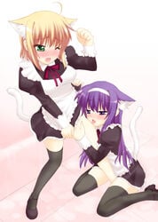 animal_ears arisa_bannings blush cat_ears female lyrical_nanoha mahou_shoujo_lyrical_nanoha multiple_girls saki_chisuzu sakichi_suzu thighhighs tsukimura_suzuka yuri