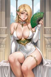 1girls blonde_hair braided_hair breasts cleavage dress elf elf_ears elf_female fan female green_eyes holding_object huge_breasts large_breasts light-skinned_female light_skin long_hair looking_at_viewer myra_(sciamano240) original original_character pointy_ears sciamano240 slim_waist solo tagme thick_thighs white_dress