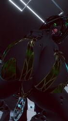 1girls areolae bikini black_body friendship_is_magic green_eyes horn huge_breasts looking_at_viewer my_little_pony open_mouth peace_sign queen_chrysalis_(mlp) sloppydragons solo squatting tagme tongue tongue_out vrchat