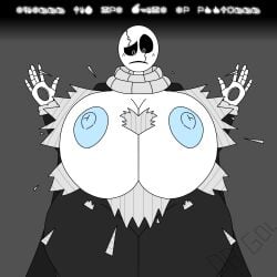 1girl 1girls big_ass big_breasts breasts breasts_bigger_than_head bursting_clothes coat crossgender dr_gol. female_focus female_only front_view gaster massive_breasts nipples original original_artwork ripped_clothing rule_63 scarf surprised surprised_expression sweater thick_thighs undertale wardrobe_malfunction wingdings wingdings_text