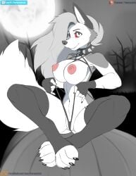 absurd_res anthro female food fruit fureverick halloween helluva_boss hi_res holidays loona_(helluva_boss) moon nipples plant pumpkin smiley_face solo